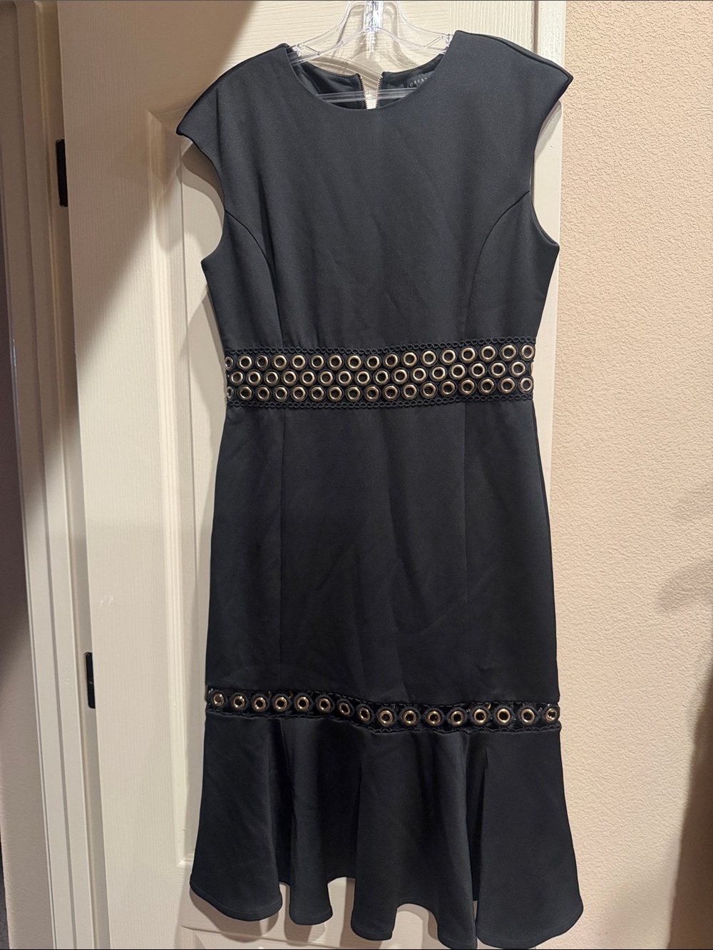Black Eyelet-Waist Midi Dress with Flounce Hem - Womens